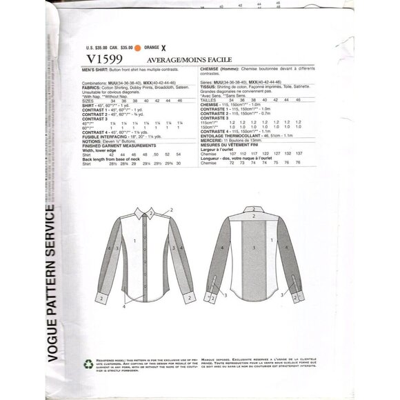 Vogue V1599 Mens 34 to 40 Koos Couture Button Front Shirt Uncut Sewing Pattern - Picture 2 of 2